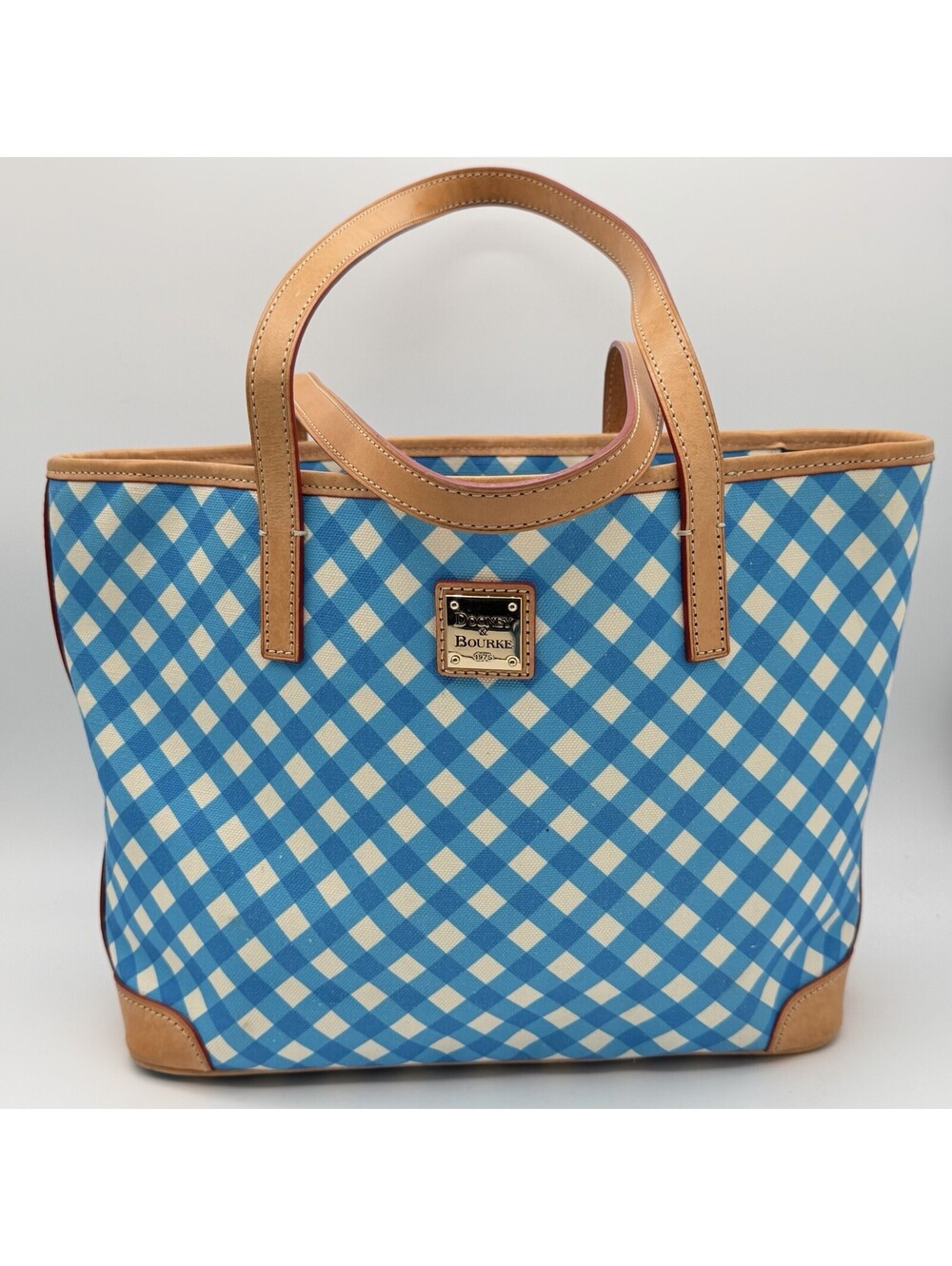 Dooney & Bourke Gingham II Large Tote Sky Blue Leather Trim Handbag